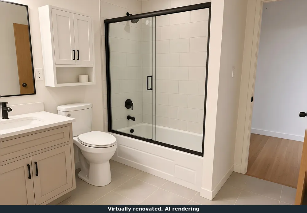 Bathroom after, virtually renovated AI rendering